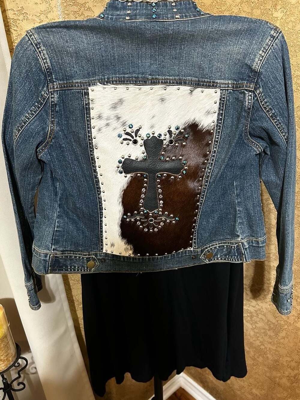 Custom Western Cowhide Cross Rhinestone Denim Jacket Medium